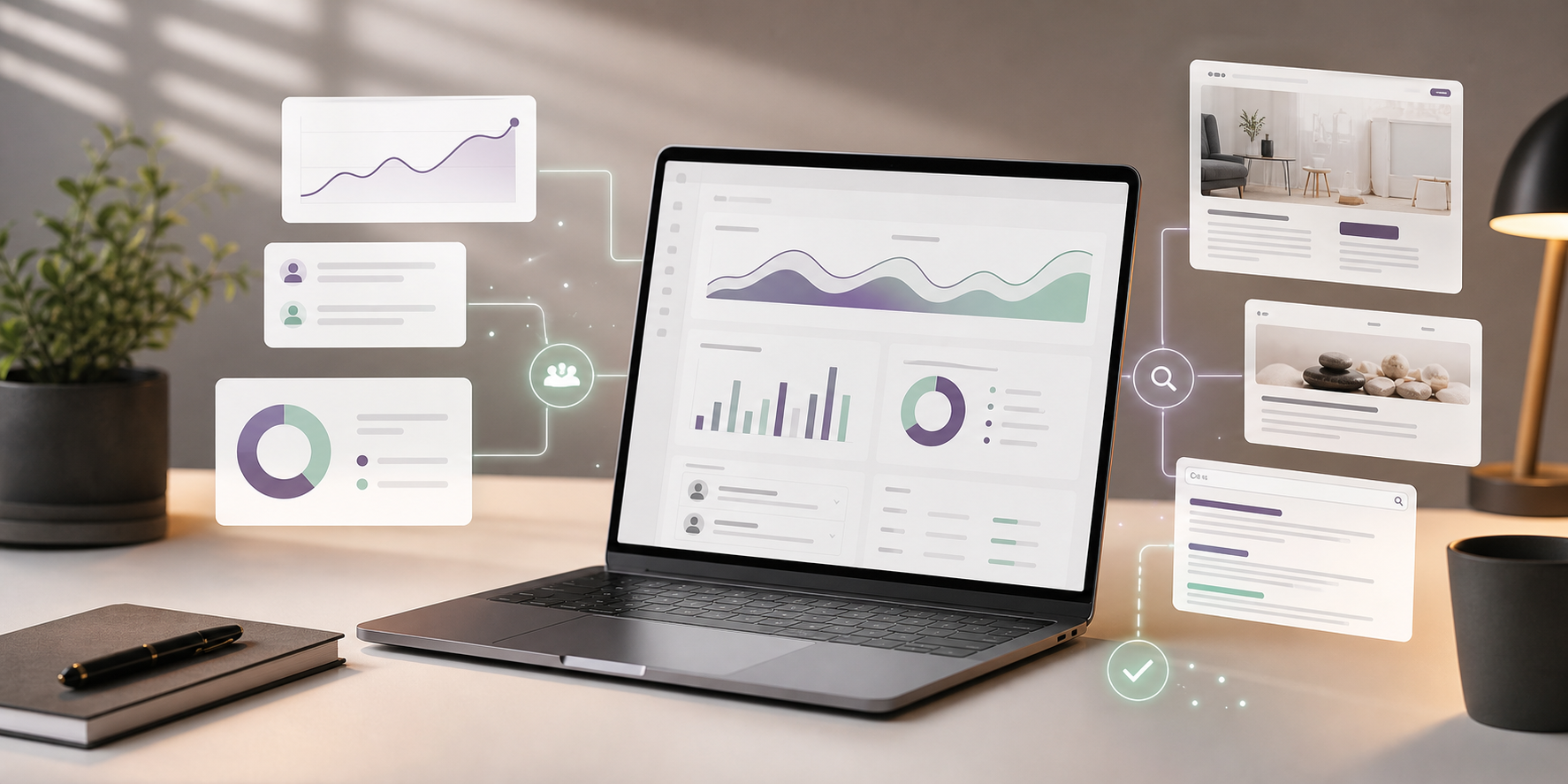 Abstract website audit dashboard showing search visibility, leads, and follow-up signals