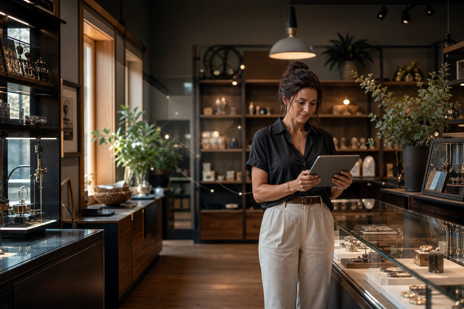 Independent specialty retail owner using a tablet in her store
