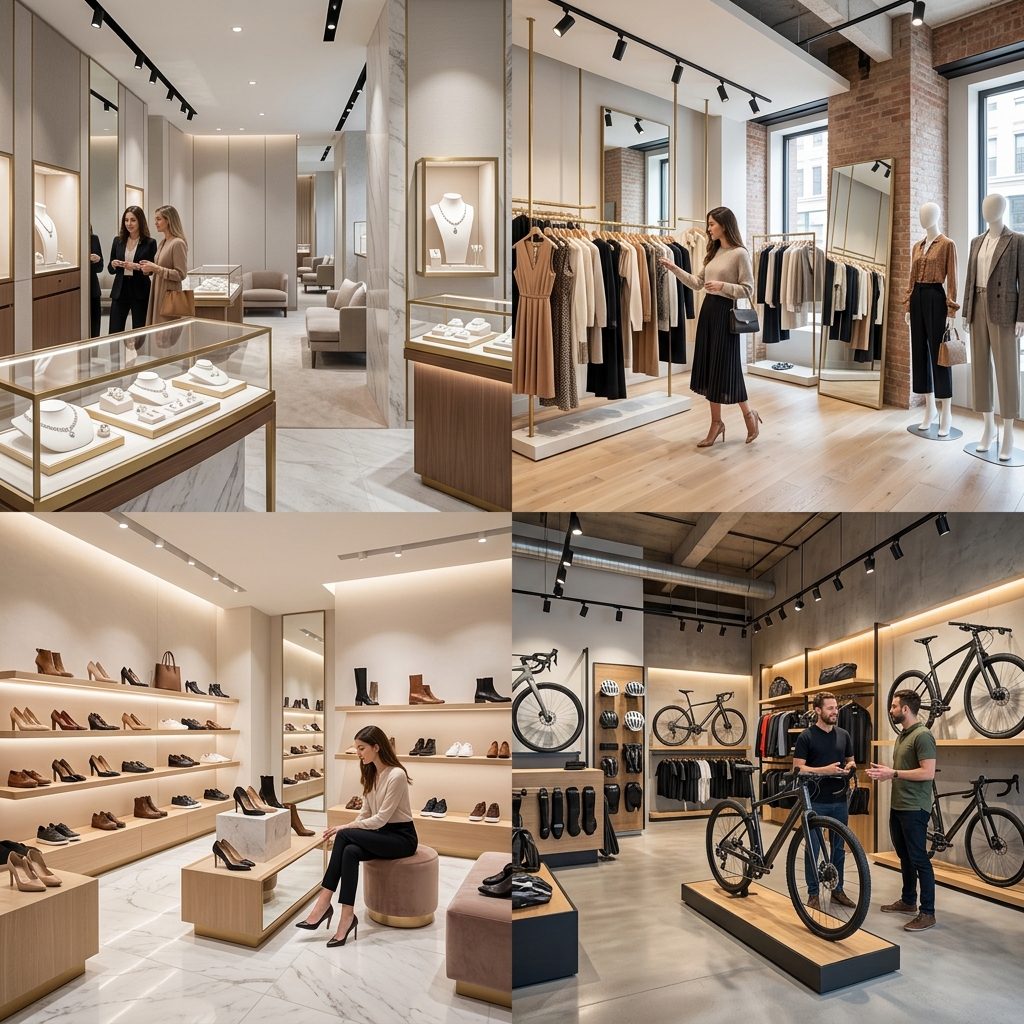 Jewelry boutique, fashion store, shoe shop, and bike store collage