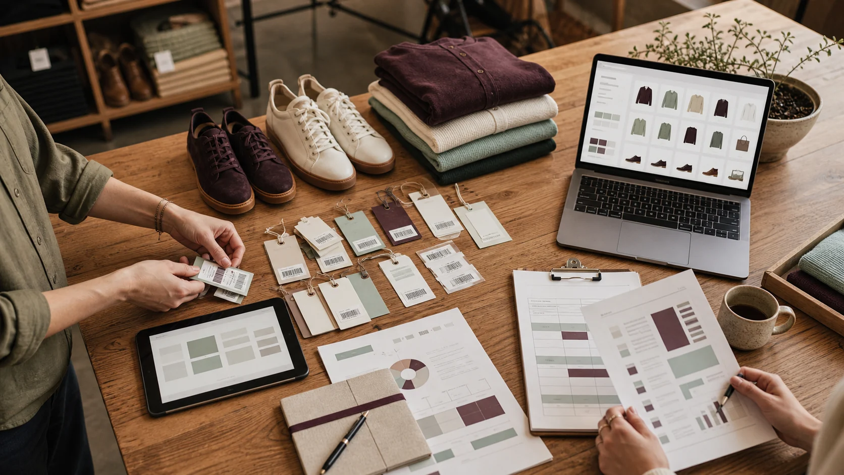 Retail team organizing product variants, barcodes, inventory records, and ecommerce catalog data before migration