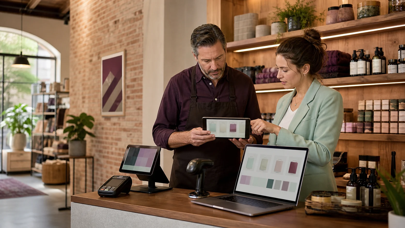 Specialty retail owner and ecommerce consultant reviewing products across a POS terminal, tablet, and laptop