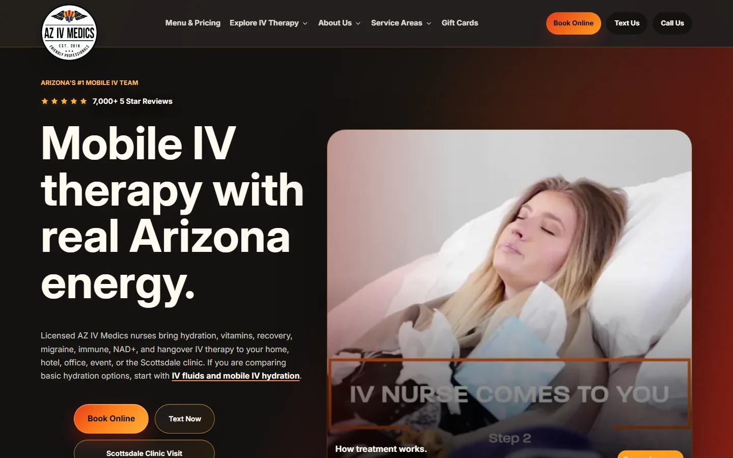 AZ IV Medics Shopify homepage with mobile IV therapy messaging and booking calls to action